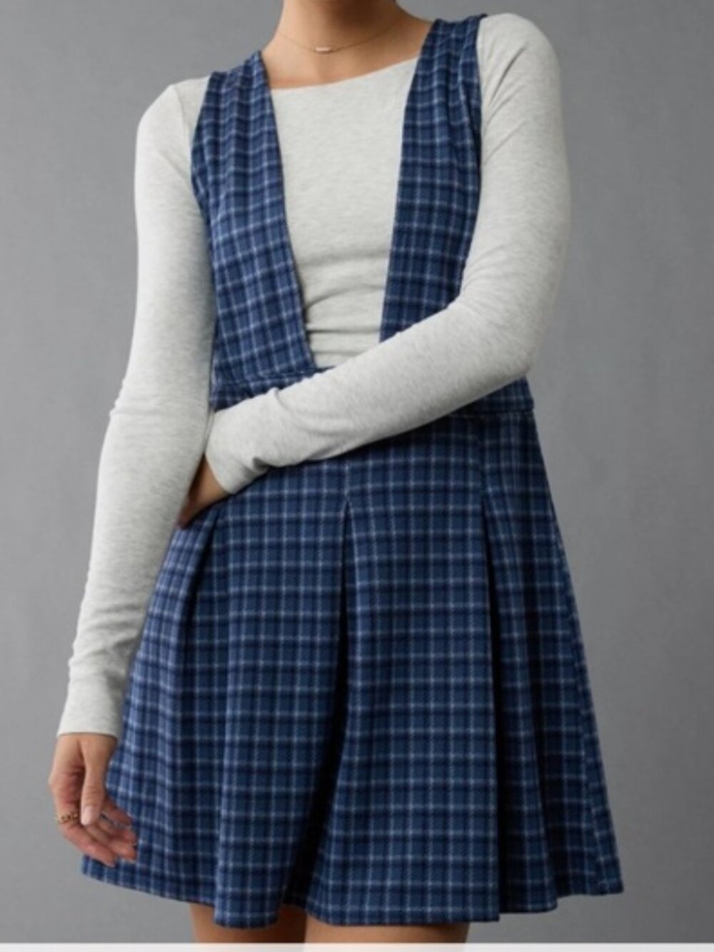 American Eagle Outfitters Slate Blue Plaid Pinafore Dress Women's Size L
